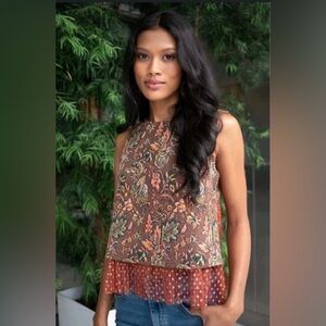 Eva Franco Jacquard Sleeveless Boho Floral Layered Lace Top Sz M